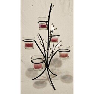 Vintage 14.5" Tall 5 Tealight Tree Candelabra Holder Iron Metal 5 Glass Holders
